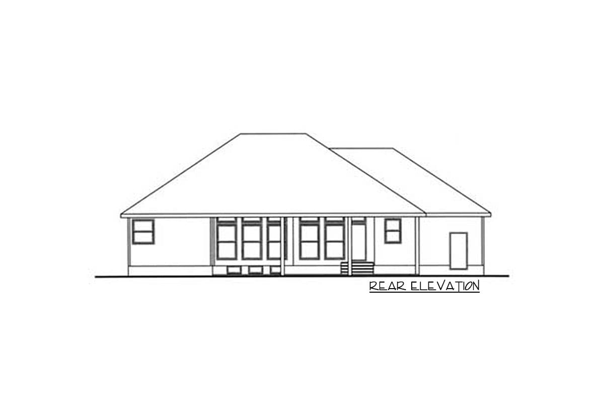 Rear elevation drawing of a single-story house with a covered porch across the rear, multiple windows, and a garage door.