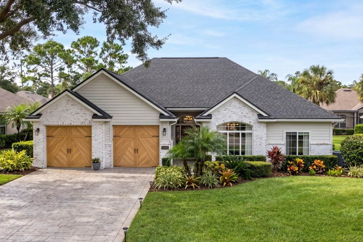 House plan exterior: One-story home with white brick, siding, two wood garage doors, and arched entryway.