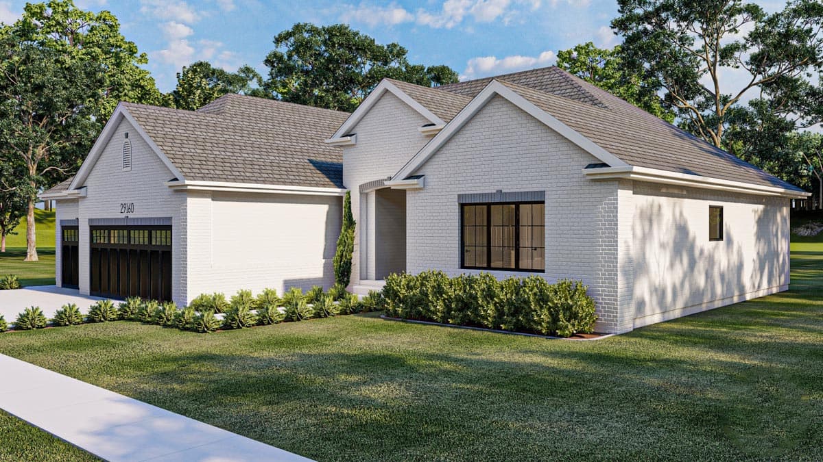 House plan exterior: Single-story Modern Farmhouse with white brick, gabled roof, covered entry, and attached two-car garage.