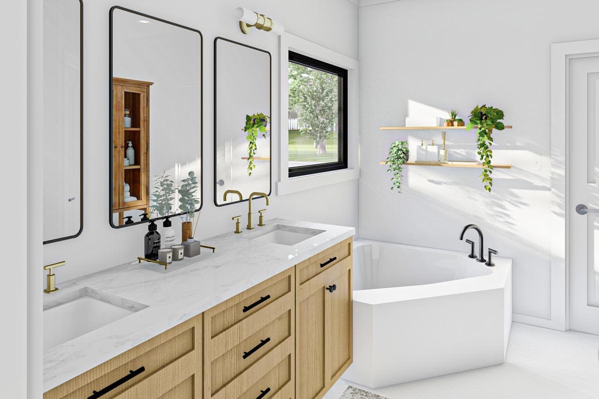 Bathroom rendering with double vanity, freestanding tub, wood cabinetry, and marble countertop.
