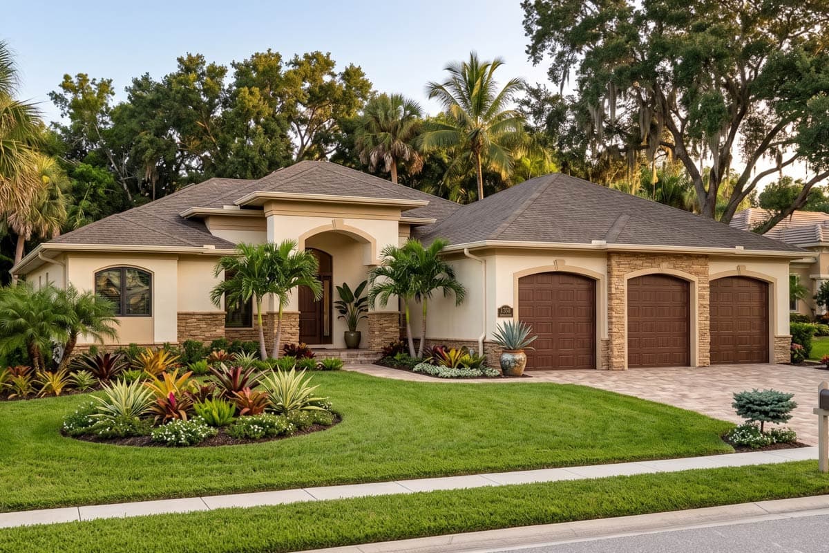 House plan exterior. One-story house with a three-car garage. Features include an arched entryway, stone accents, and a low-pitched roofline.