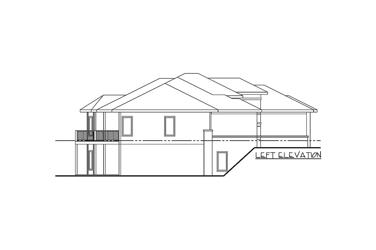 Left elevation drawing of a two-story house plan with gabled roof, covered porch, and balcony.