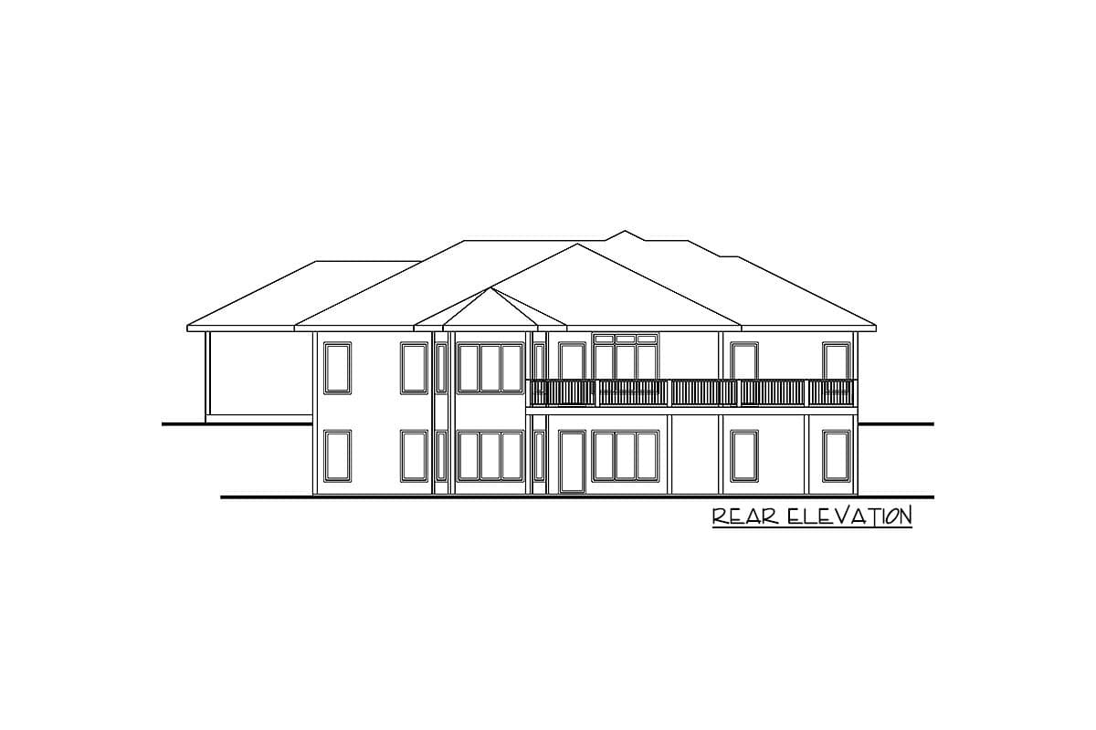 Rear elevation house plan with two stories, covered porch, multiple windows, and a balcony.