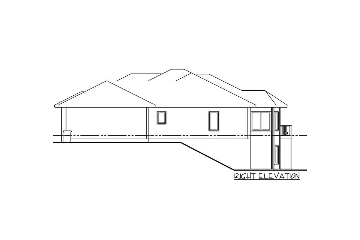 House plan right elevation drawing showing a single-story structure with a covered porch, multiple gables, and a deck.