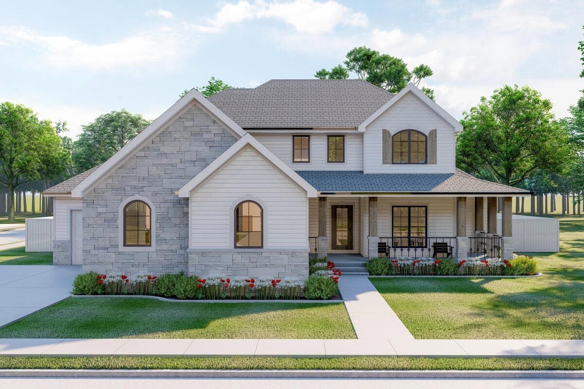 House plan exterior with stone accents, two stories, front porch with columns, gables, and arched windows.