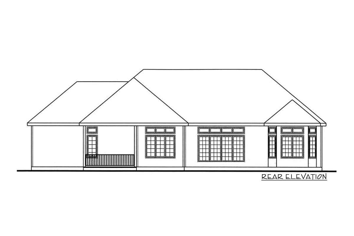 Rear elevation drawing of a single-story house plan with a covered porch and multiple windows.