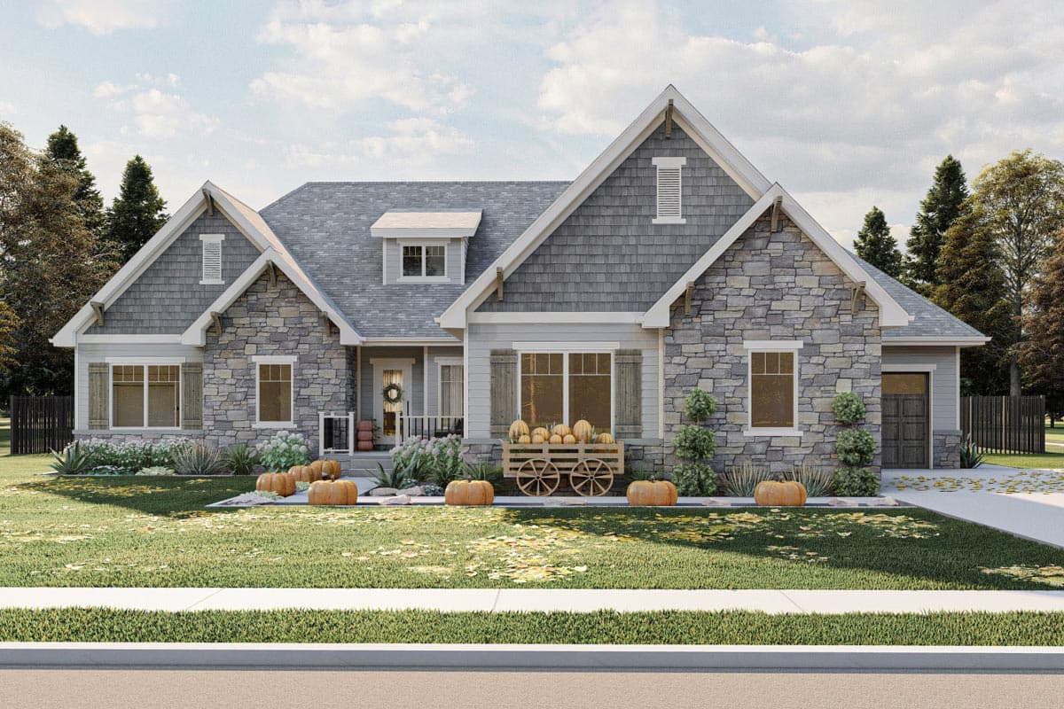 House plan exterior: One-story Modern Farmhouse with stone and shingle siding, gabled dormers, and a front-facing garage.