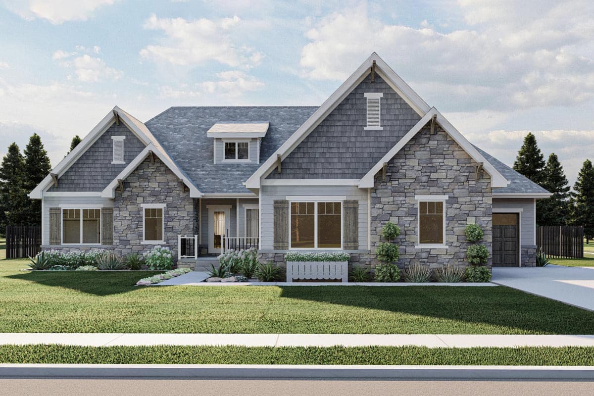 House plan exterior. Craftsman style, one story. Features include stone accents, gabled roof, dormers, and a front porch.