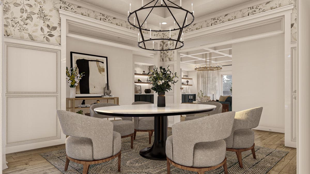Interior rendering of a dining area with an oval table, upholstered chairs, and a multi-tiered chandelier.
