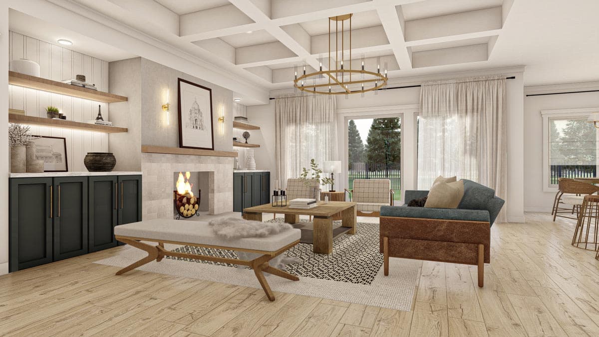 Interior rendering of a living room featuring a fireplace, coffered ceiling, built-in shelving, and seating.