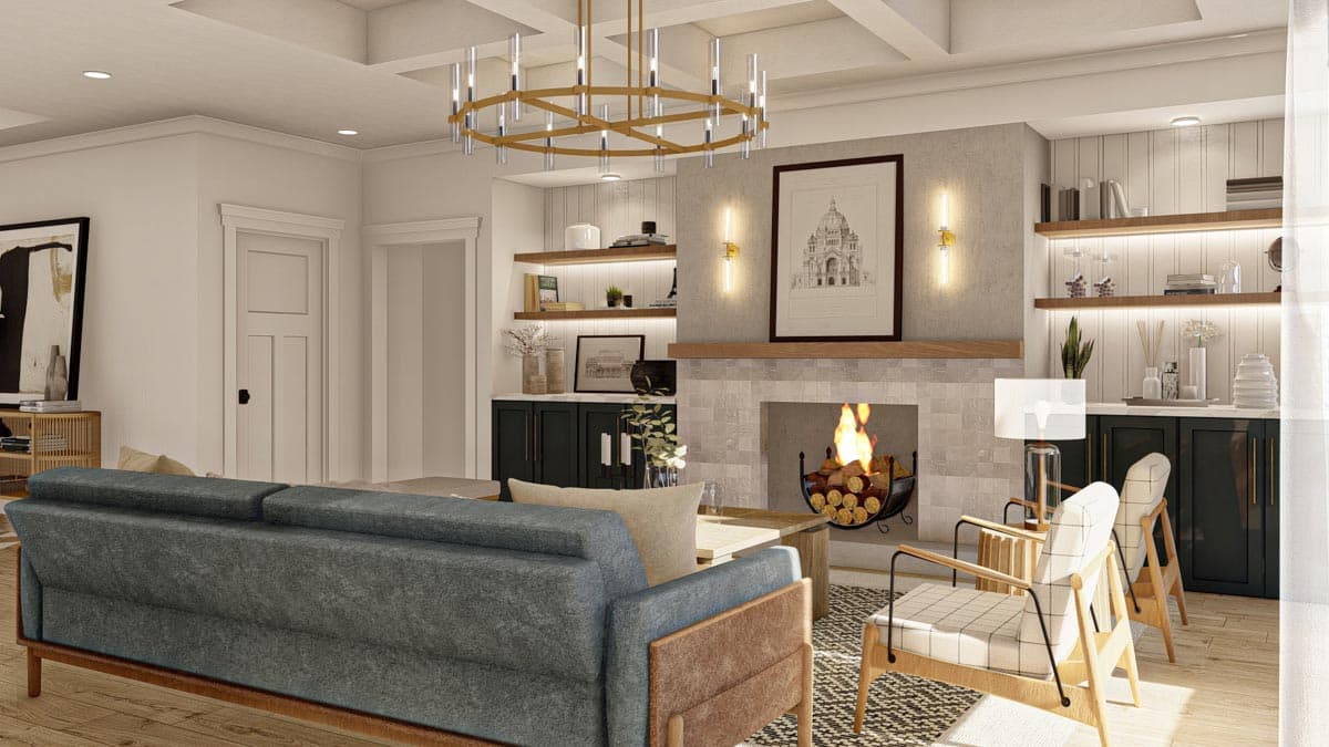 Living room with coffered ceiling, fireplace, built-in cabinets, and seating.