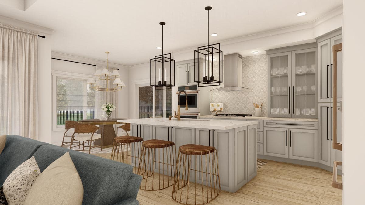 Rendering of an open-concept kitchen with island, pantry cabinets, and dining area.