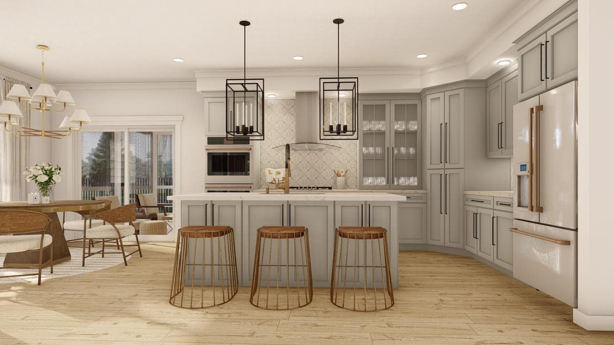 Rendering of a kitchen with a central island, light gray cabinetry, stainless steel appliances, and a dining area visible.
