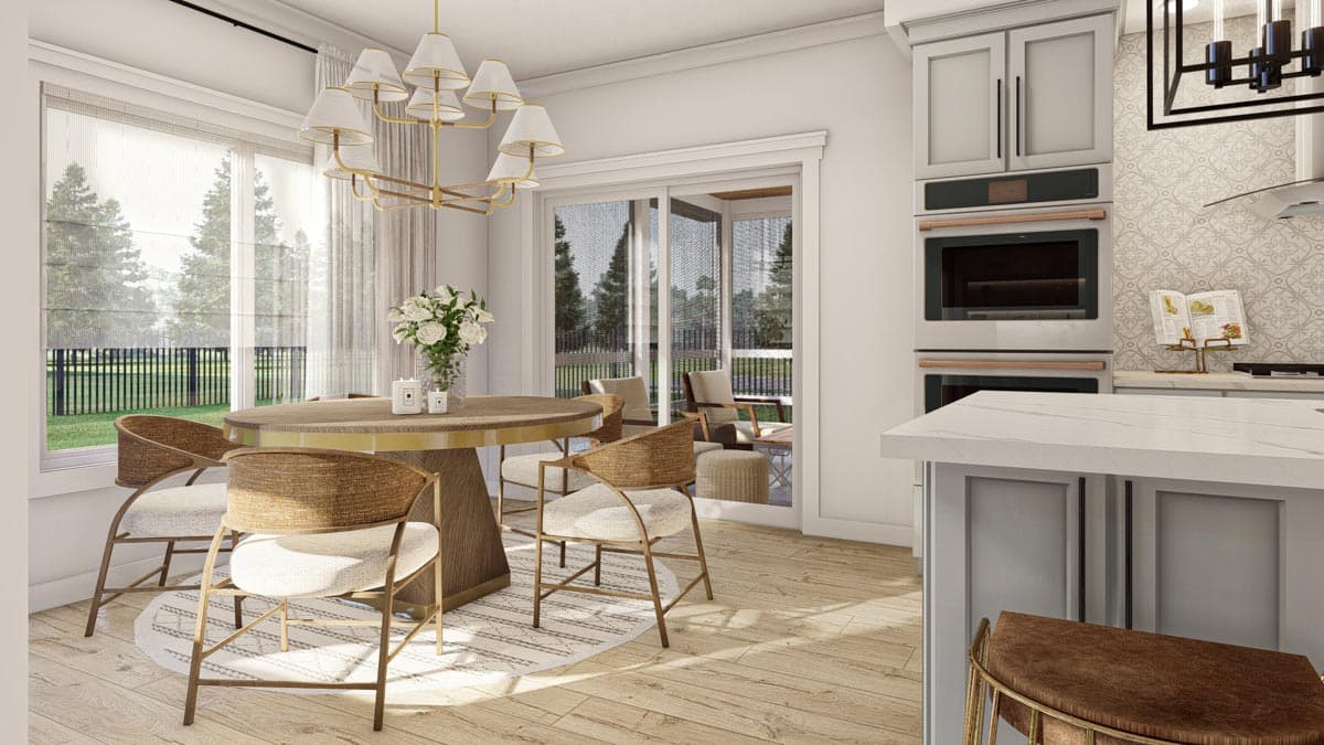 Rendering of a dining area with a round table, chairs, and a view to a screened porch, adjacent to a kitchen with built-in ovens and island.