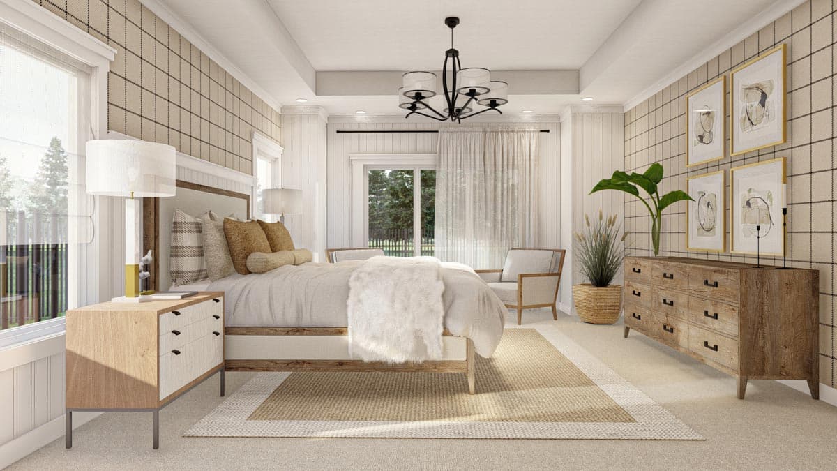 Primary bedroom rendering with tray ceiling, plaid wallpaper accent wall, queen bed, wood dresser, and two chairs.