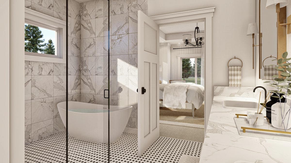 Bathroom rendering with freestanding tub, marble tile, dual vanity, and view into bedroom with king bed.