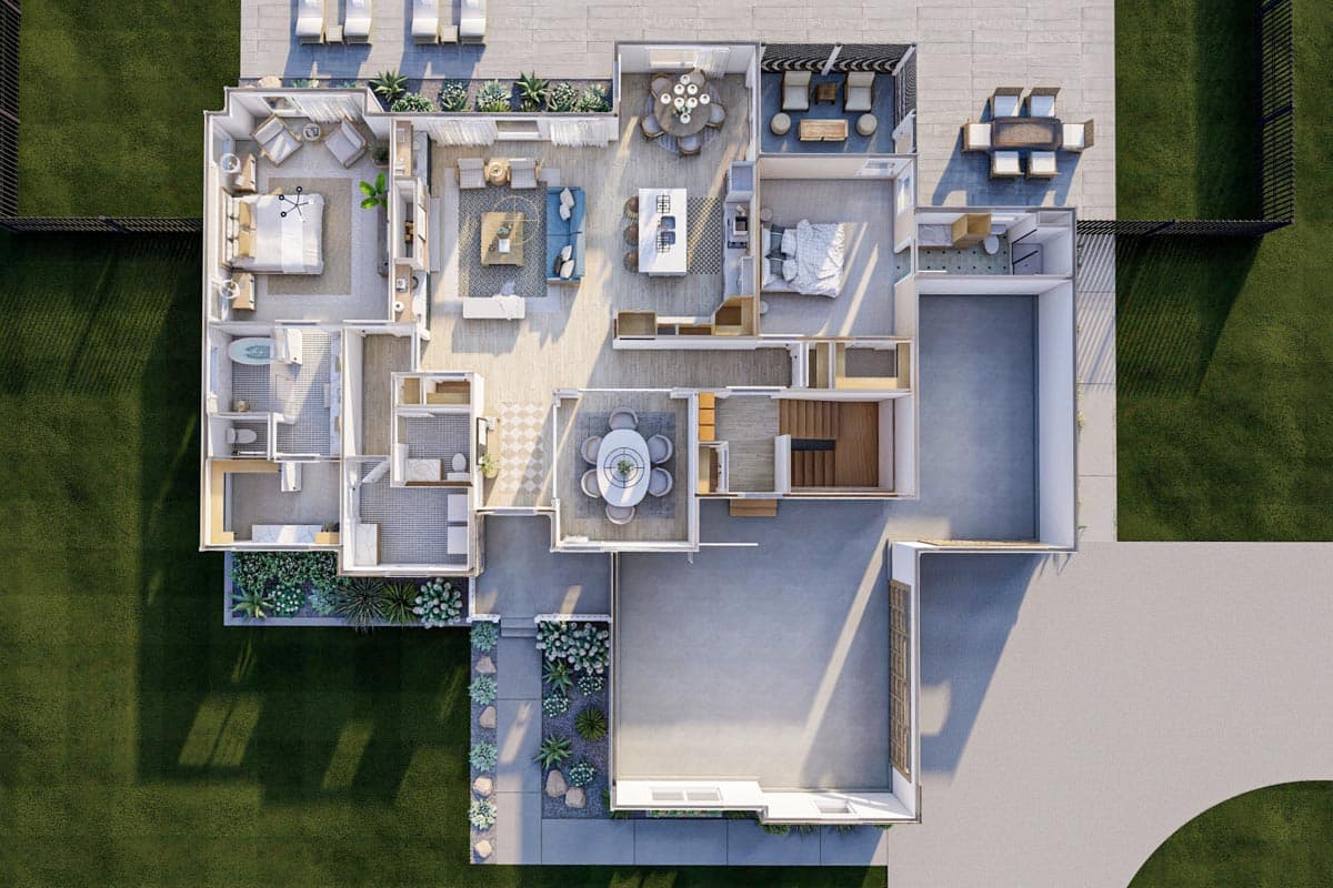 Architectural rendering of a single-story house plan with living room, kitchen, two bedrooms, and attached garage.