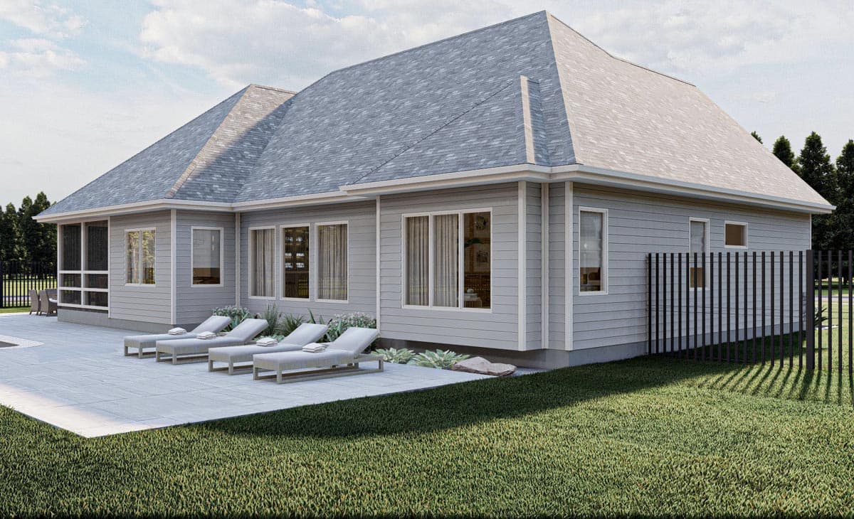 House plan exterior showing a one-story dwelling with hip roof, siding, screened porch, and multiple windows.