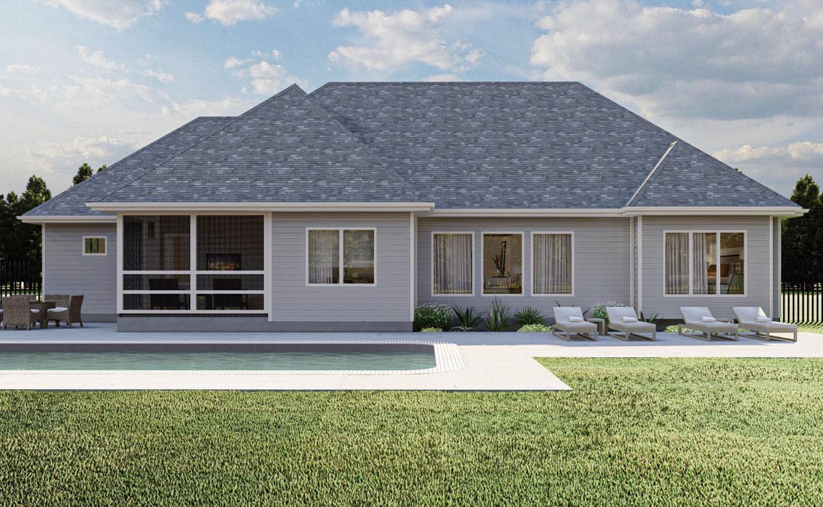 House plan exterior: single-story home with screened porch, multiple windows, and attached patio with swimming pool.