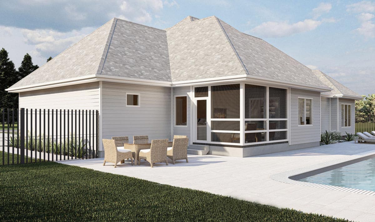 House plan exterior view: single-story home with multi-hip roof, screened porch, and patio by pool.