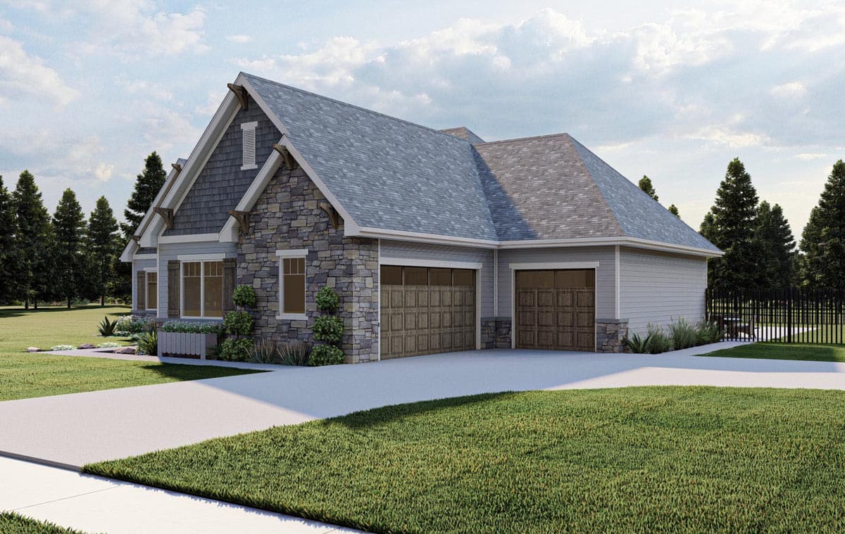 House plan exterior: One-story home with stone and siding accents, a prominent gable with decorative brackets, and a two-car garage.