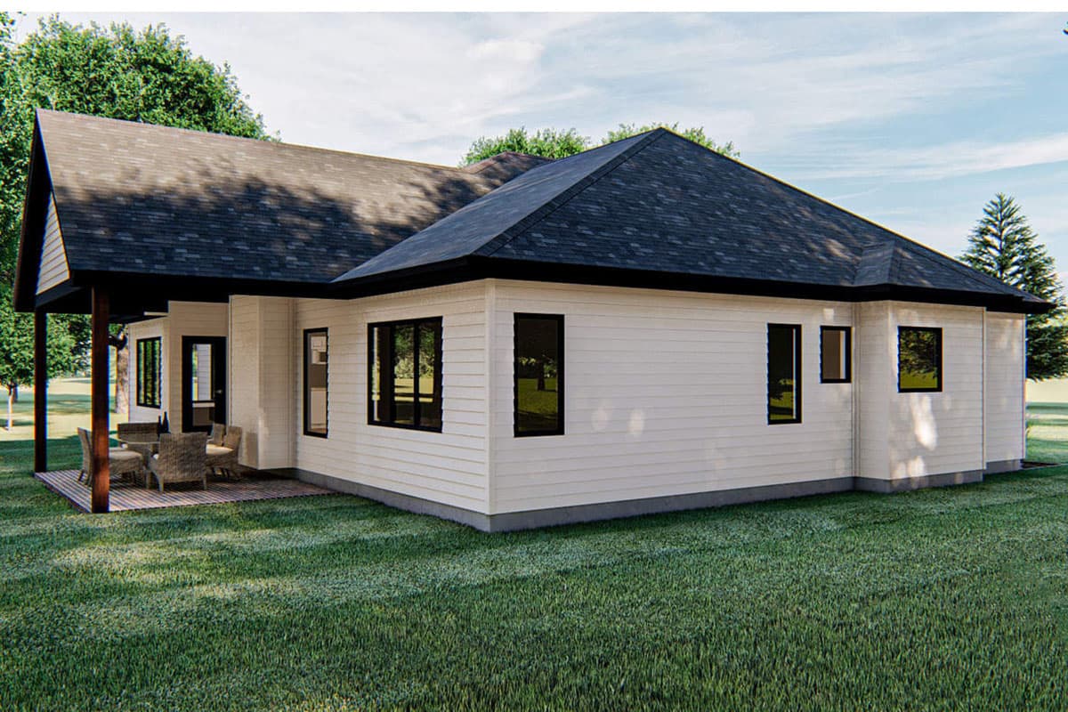 House plan exterior: Ranch-style home with gabled roof, covered porch, and horizontal siding.