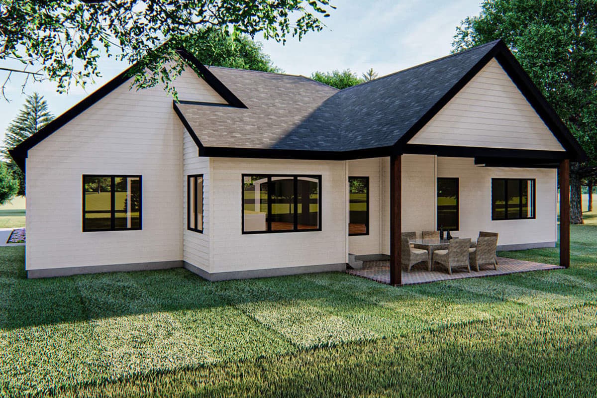 Modern Farmhouse house plan exterior with white siding, dark trim, gables, and covered patio with outdoor seating.