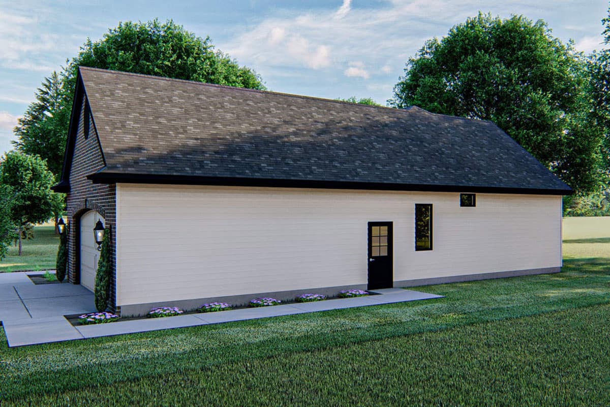 House plan exterior: Single-story structure with white siding, brick accents, gable roof, garage door, and two exterior doors.