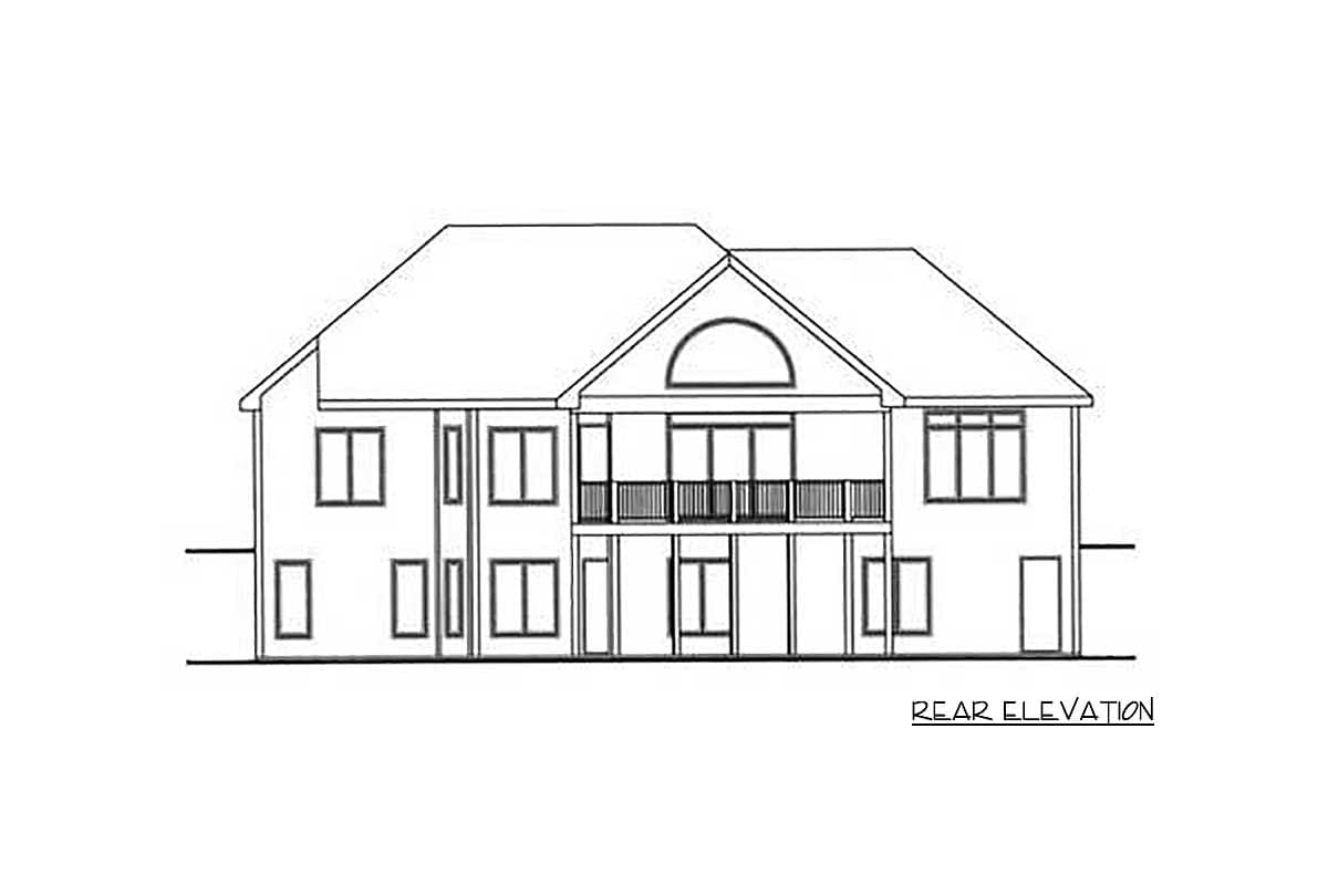 Rear elevation drawing of a multi-story house with a balcony, arched dormer, and multiple windows.
