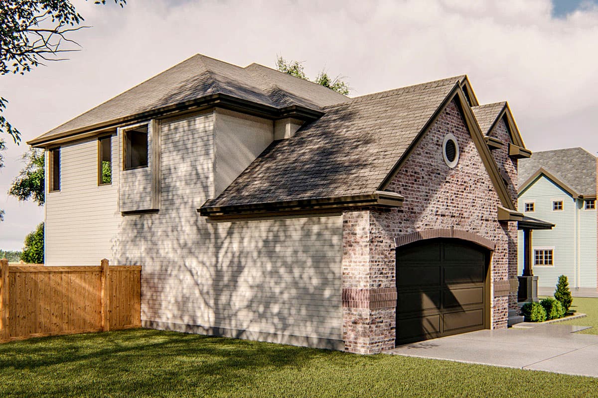 House plan exterior: two-story home with vinyl siding, brick accents, gabled roof, and arched garage.