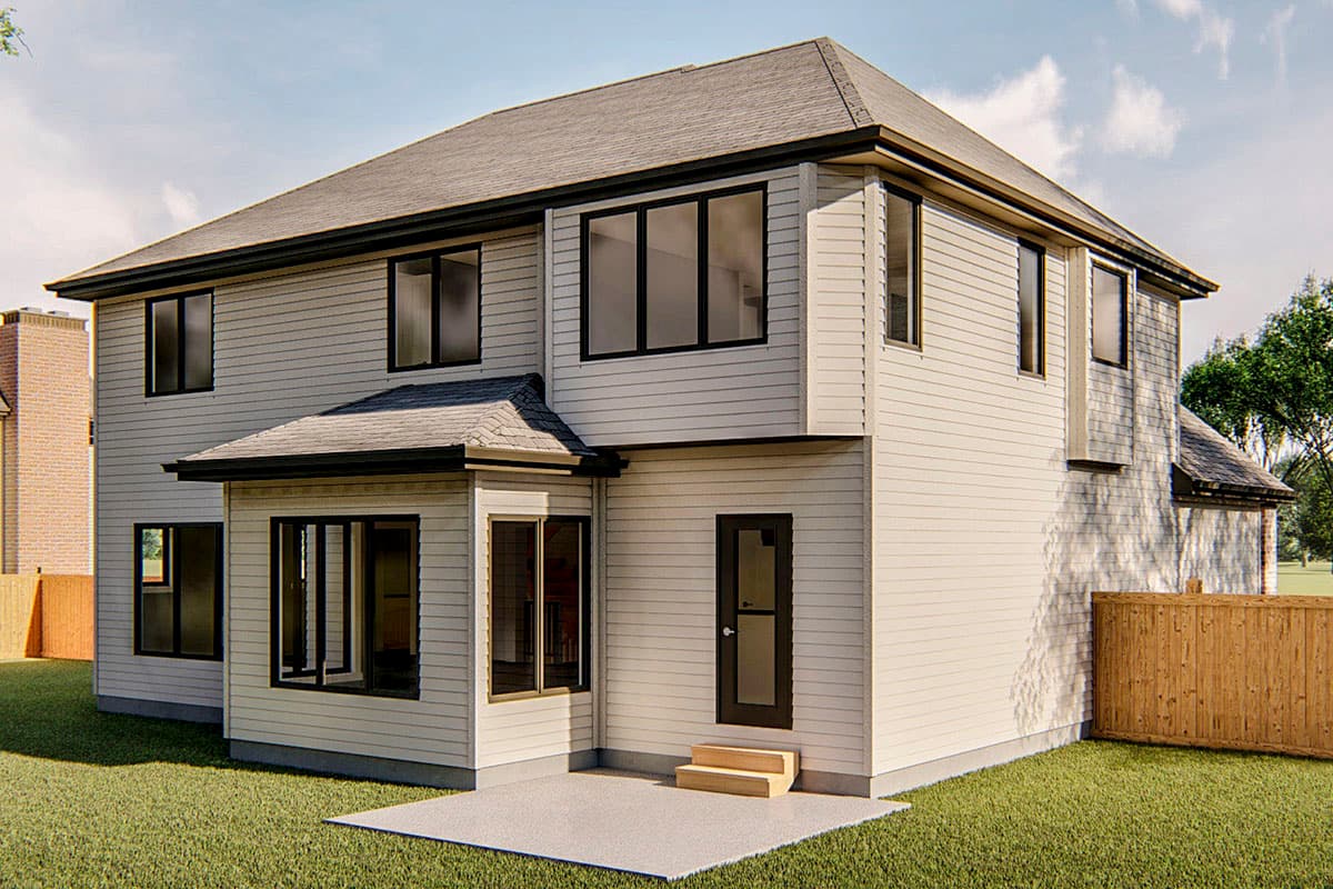 House plan exterior view of a two-story home with horizontal siding, multiple window configurations, and a rear door with steps.