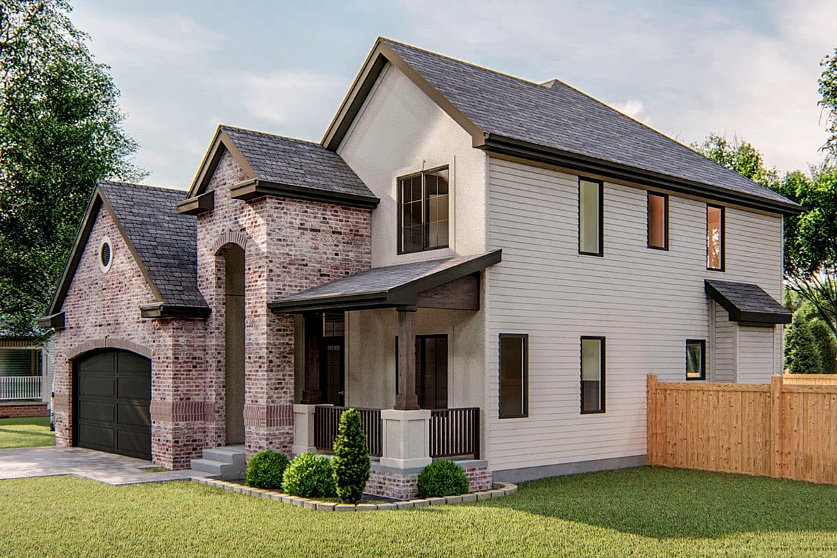 House plan exterior featuring a two-story design with brick and siding, a covered porch, and a side-facing garage.