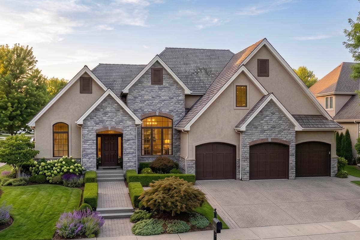 House plan exterior: Two-story home with stone accents, multiple gables, arched windows, and a three-car garage.