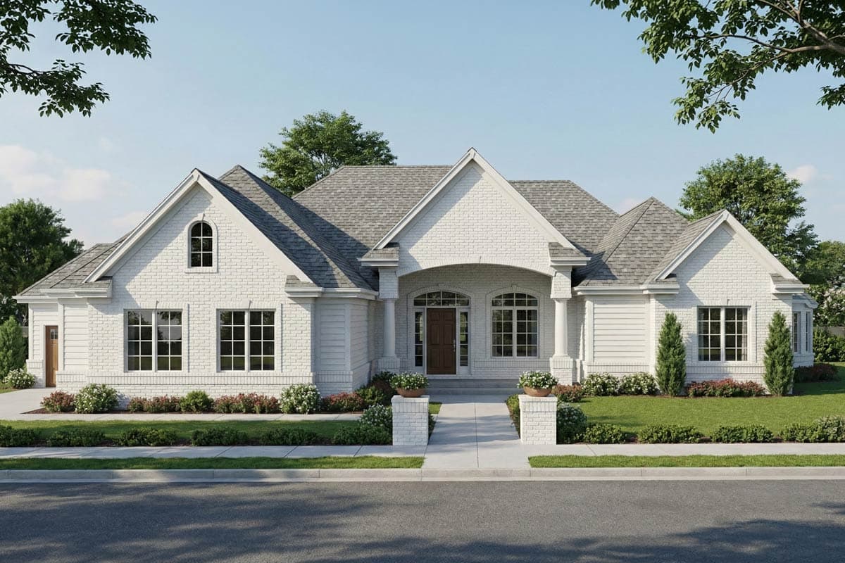 House plan exterior: One-story Modern Farmhouse with white brick and siding, arched entry, multiple gables, and wide windows.