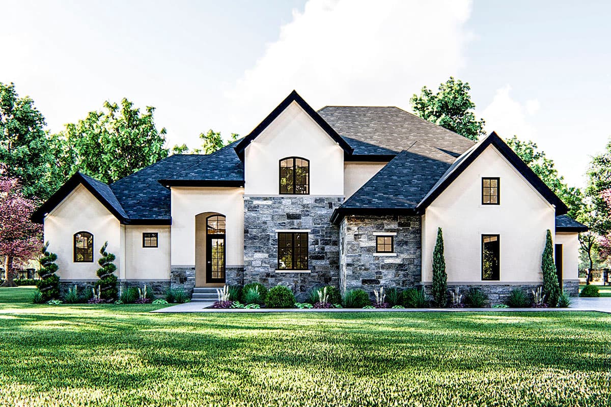 House plan exterior. Two-story home with a gabled roof, stone facade, and arched entryway. Features include multiple dormers and a symmetrical design.