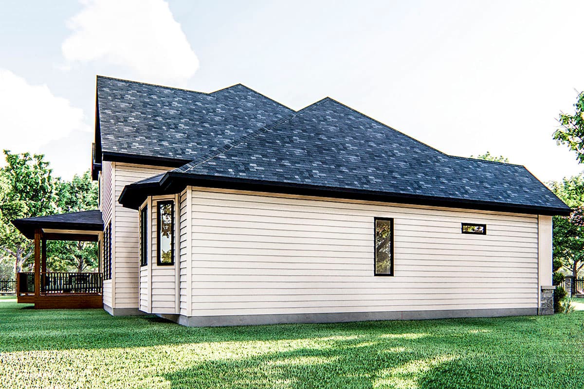 House plan exterior: contemporary style, horizontal siding, gabled roof, covered porch with railing, and dark-framed windows.