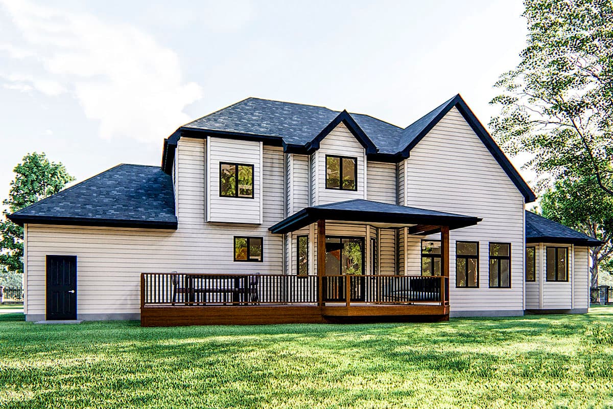 House plan exterior, two stories, with a covered deck, gables, and horizontal siding.