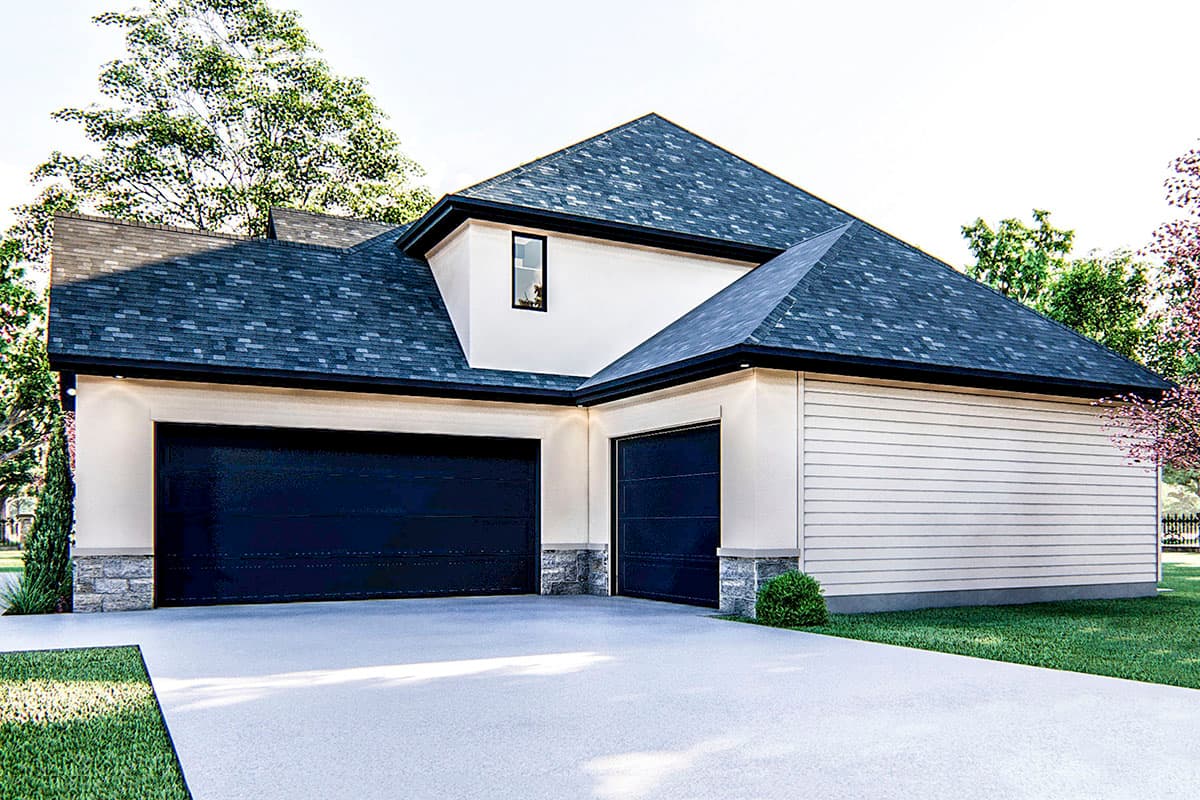 House plan exterior with a multi-story design, side-entry garage doors, shingled roof, and horizontal siding.