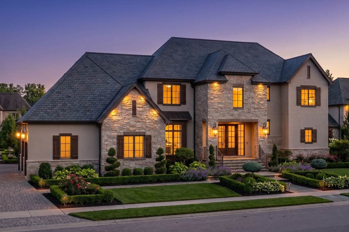 House plan exterior rendering. Two-story home with stone facade, prominent gables, and arched entry. Multiple rooflines and dormers visible.