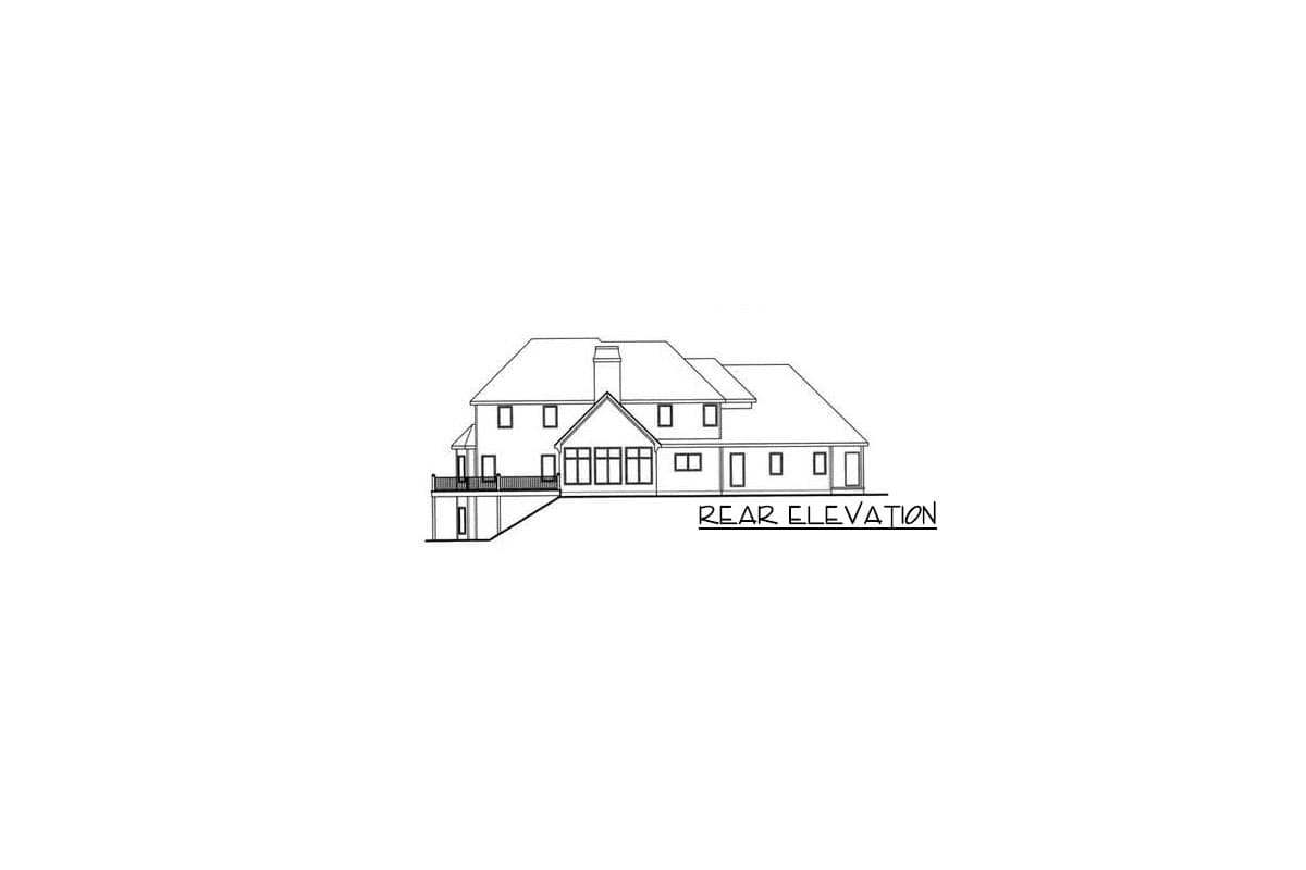 Rear elevation house plan showing a multi-story home with a deck, gables, and numerous windows.