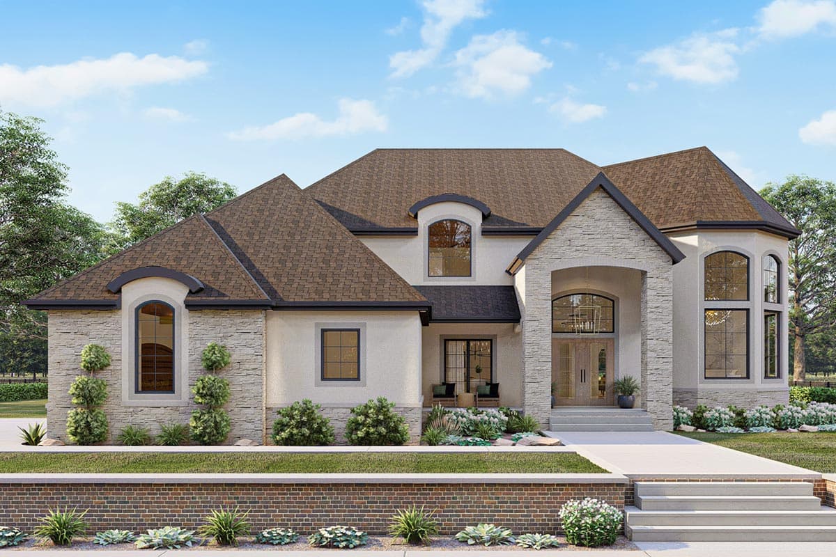 House plan exterior: Two-story home with stone accents, arched entryway, multiple gables, and dormer windows.