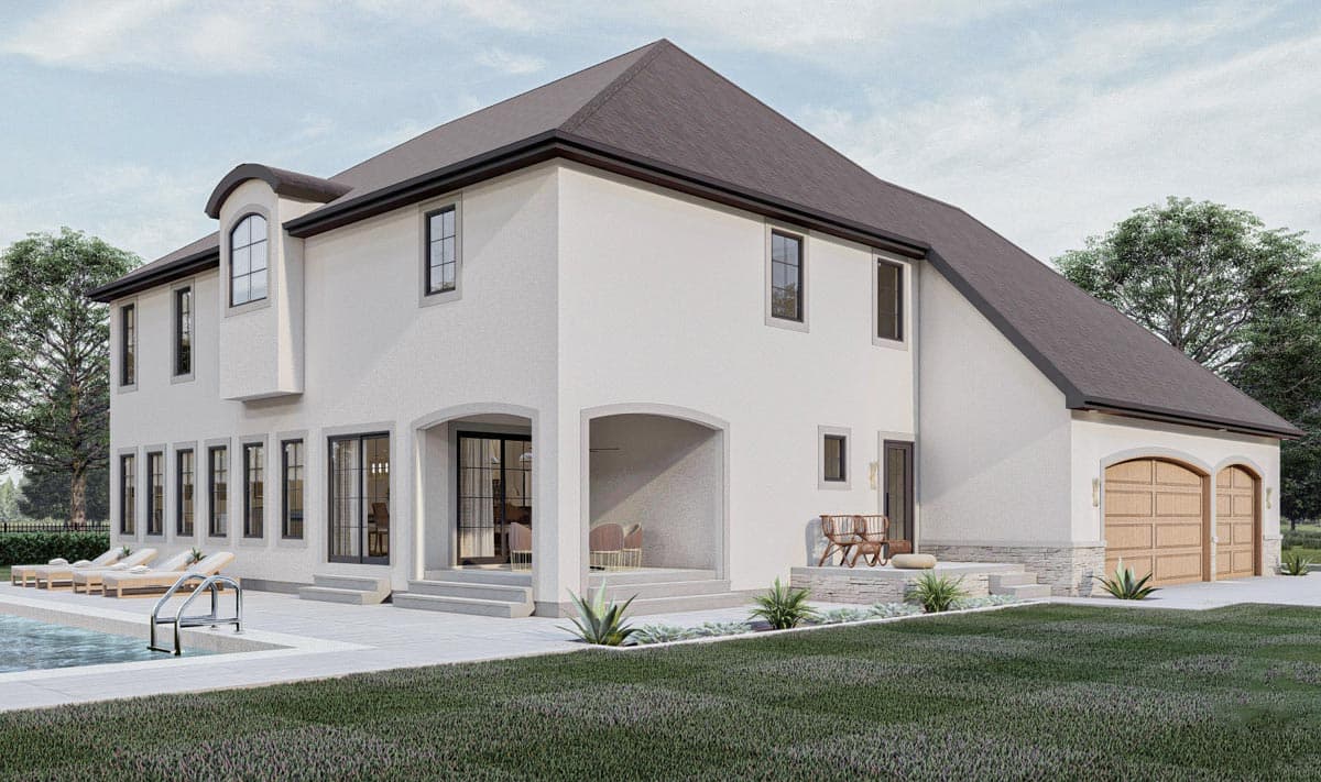 House plan exterior: Two-story stucco home with arched covered patio, arched dormer window, and a three-car side-entry garage.