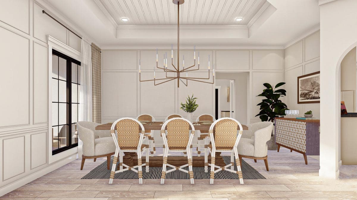 Dining room with paneled walls, a coffered ceiling, large window, and seating for ten.