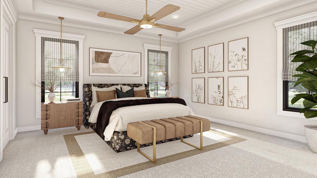 Bedroom rendering with a king bed, patterned headboard, ceiling fan, and botanical wall art.