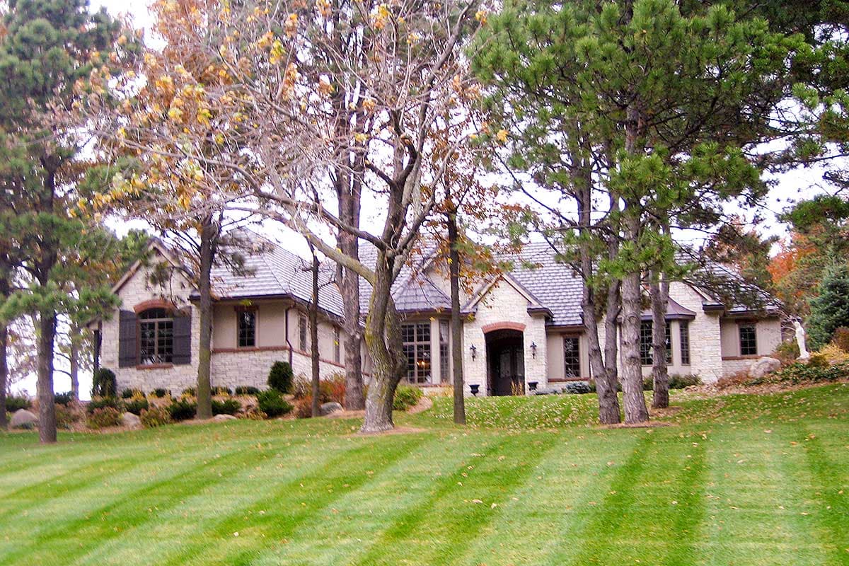 House plan exterior. Two-story, stone facade with arched entry, gabled roof, and multiple window styles. Landscaped front yard with trees.