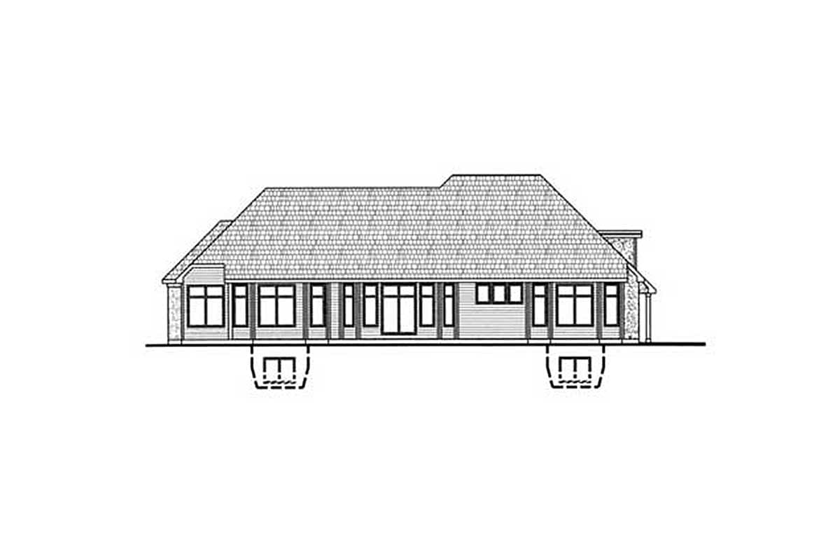 House plan exterior drawing shows a one-story home with a hip roof, multiple gables, and a long row of windows.