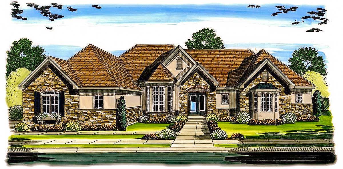House plan exterior: Single-story home with stone facade, multiple gables, bay windows, and covered entry.