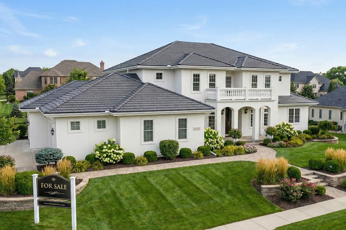 House plan exterior: two-story, stucco house with arched entryway, balcony, and hipped roof.
