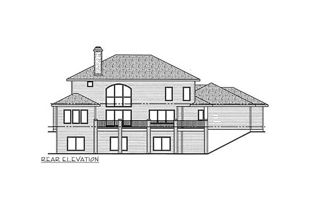 House plan exterior drawing showing a multi-story home with a prominent arched window, deck, and varied rooflines.