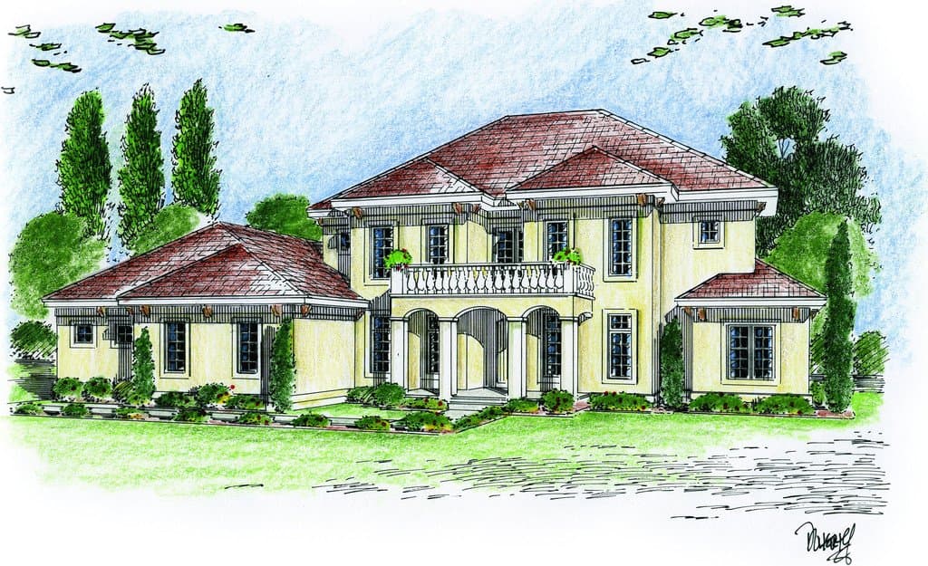 House plan exterior: two-story, stucco house with arched entryway, balcony, and hipped roof.